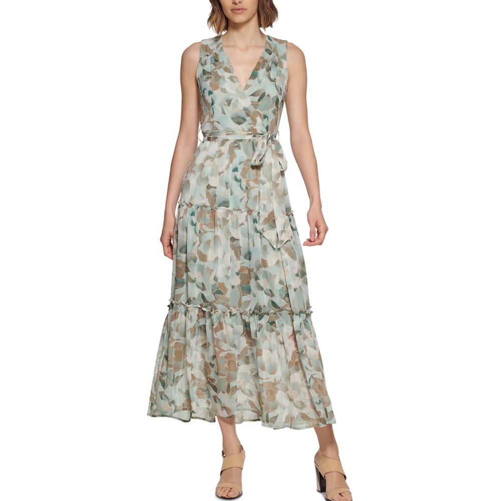 Calvin Klein Tiered Maxi Dress Sea Green Metallic Gold Floral Print Sz 6